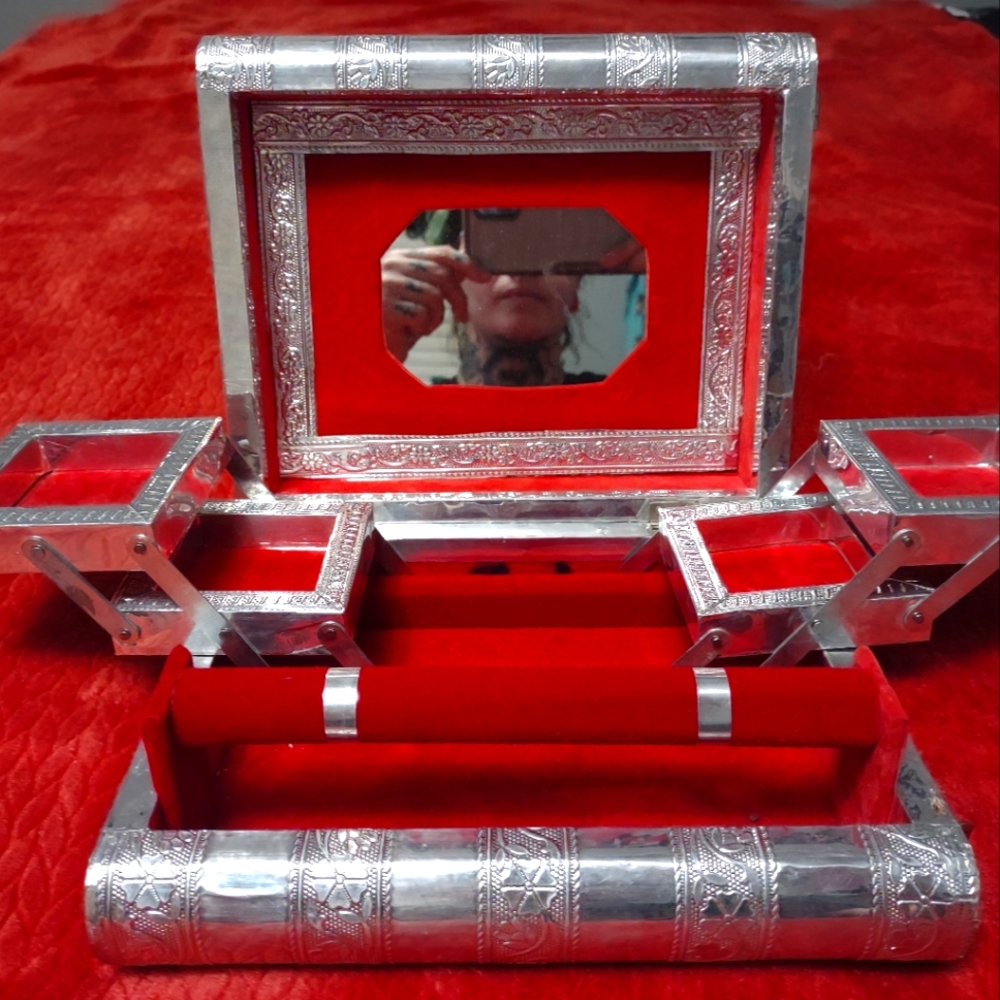 1970s Ornate Silver Fold-out Book Closure Jewelry Box